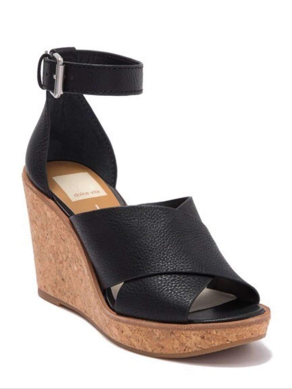 Dolce Vita Urbane Leather Cork Wedge Ankle Strap Peep Toe Sandals EUC Black - 7